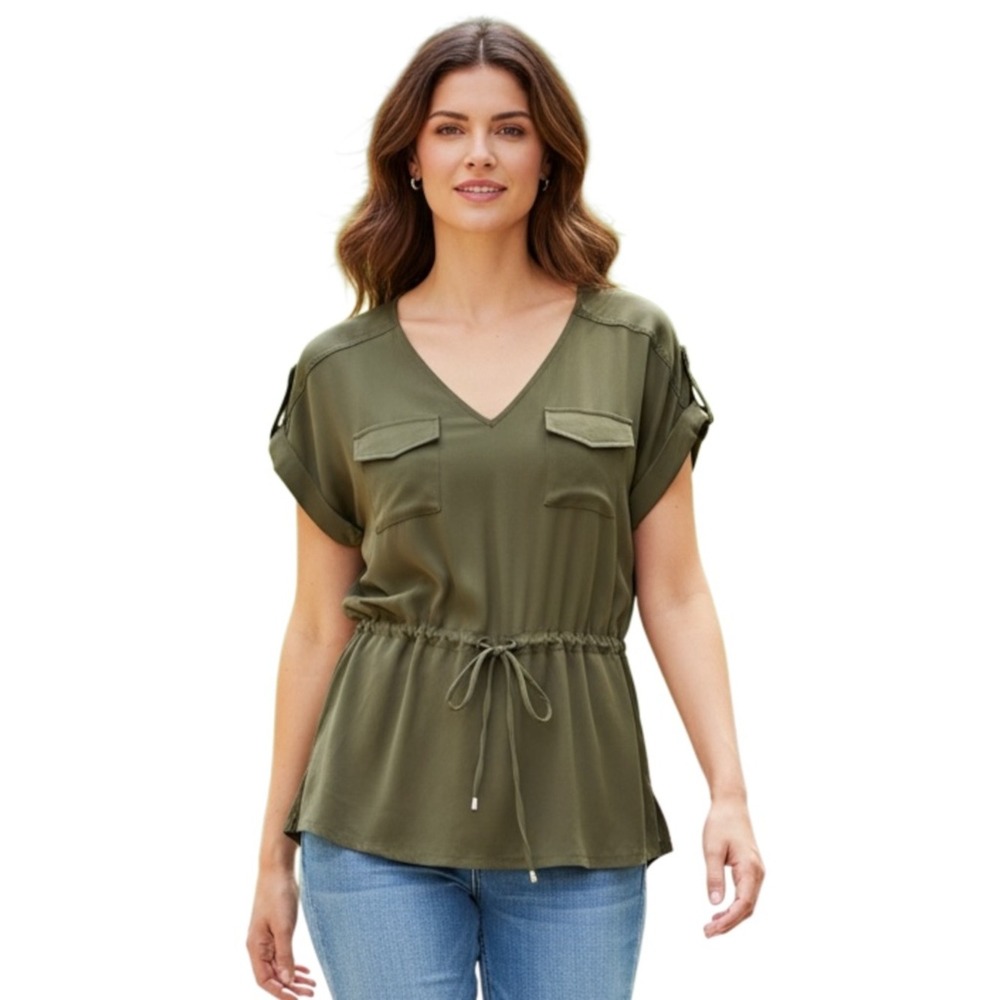 CALVIN KLEIN Short Sleeve Top V-Neck, Adjustable Cinched Waist,‎ Green, Size Med